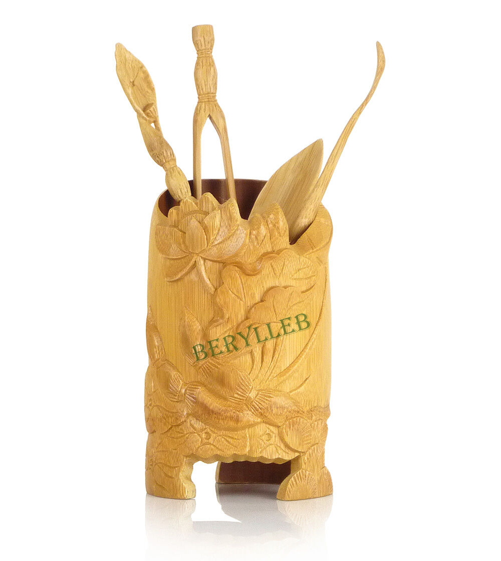 Hand Carved Louts Bamboo Tea Props Chinese Cha Dao Set * 5 Pcs * Free ...